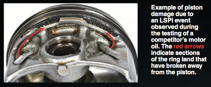 LSPI piston damage when competitors motor oil is
used